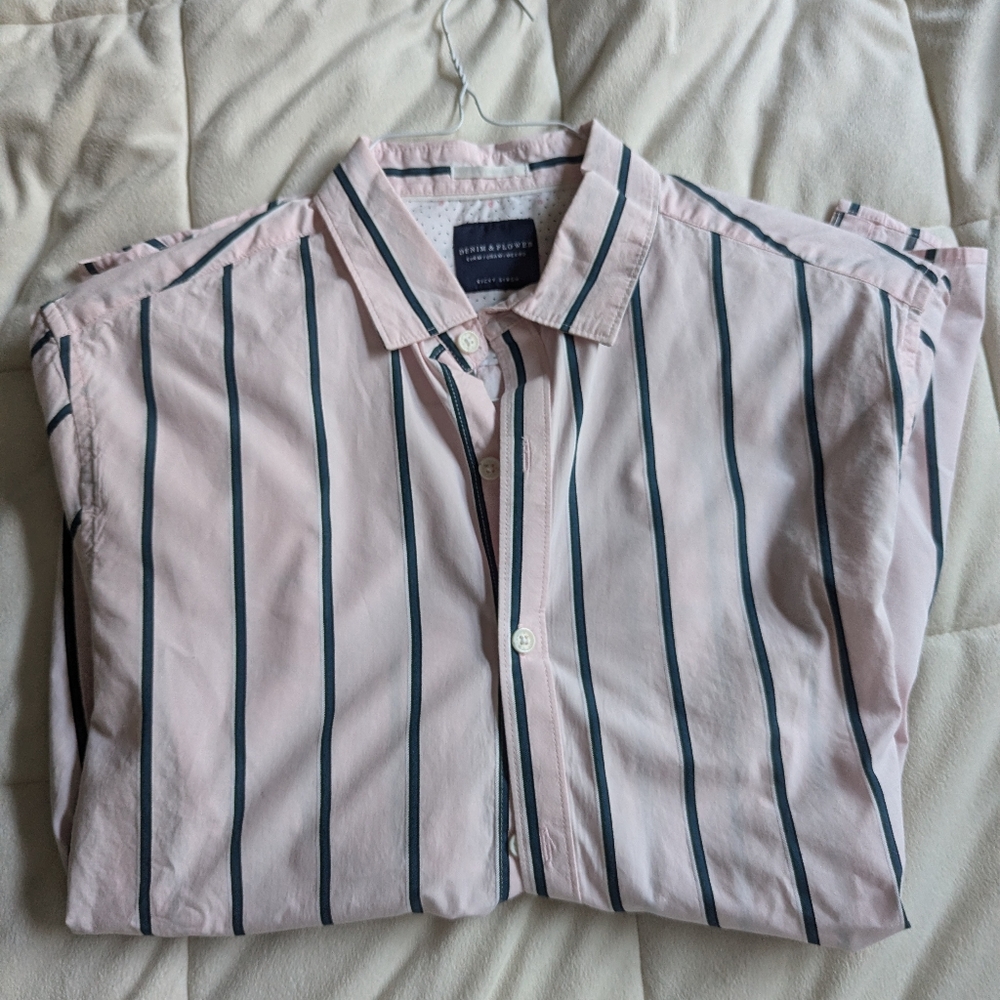 pink medium short sleeve button down, denim & flower.